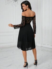 SHEIN Privé Off Shoulder Lace Bodice Pleated Hem Dress