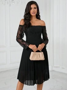 SHEIN Privé Off Shoulder Lace Bodice Pleated Hem Dress