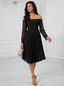 SHEIN Privé Off Shoulder Lace Bodice Pleated Hem Dress