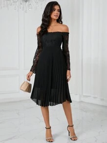 SHEIN Privé Off Shoulder Lace Bodice Pleated Hem Dress