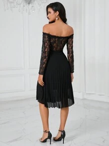 SHEIN Privé Off Shoulder Lace Bodice Pleated Hem Dress