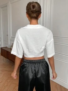 SHEIN Privé Áo sơ mi nữ Túi màu trơn Giải trí - trắng - Xem 2