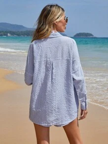 EURMUSE Striped Print Drop Shoulder Shirt & Shorts - Blue - View 2