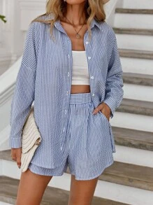 EURMUSE Striped Print Drop Shoulder Shirt & Shorts - Blue - View 3