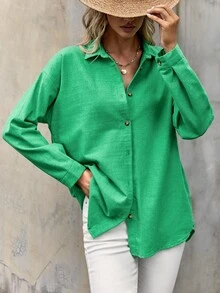 EURMUSE Solid Button Front Drop Shoulder Shirt - màu xanh lá - Xem 3