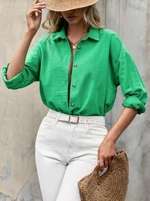 EURMUSE Solid Button Front Drop Shoulder Shirt - màu xanh lá - Xem 4