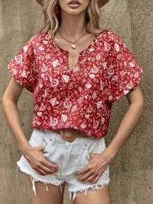 EURMUSE Floral Print Notched Neck Batwing Sleeve Blouse - Red - View 1