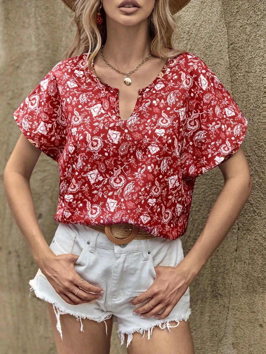 EURMUSE Floral Print Notched Neck Batwing Sleeve Blouse - Red - View 1