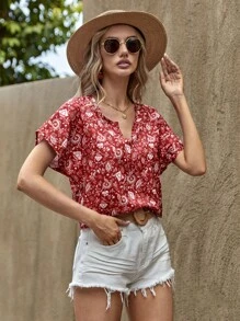 EURMUSE Floral Print Notched Neck Batwing Sleeve Blouse - Red - View 3