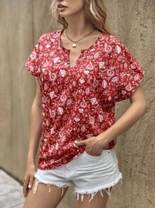 EURMUSE Floral Print Notched Neck Batwing Sleeve Blouse - Red - View 4
