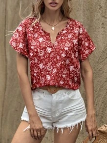 EURMUSE Floral Print Notched Neck Batwing Sleeve Blouse - Red - View 5