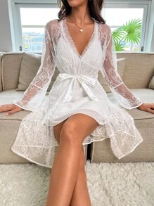 荷葉袖腰帶蕾絲睡袍&吊帶連衣裙睡衣套裝 - 白色 - 查看 3