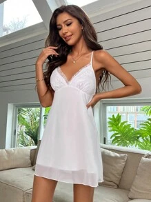 荷葉袖腰帶蕾絲睡袍&吊帶連衣裙睡衣套裝 - 白色 - 查看 6