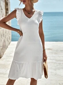 EURMUSE Tie Back Ruffle Hem Dress - White - View 5