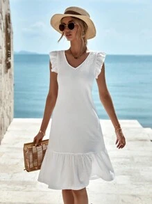 EURMUSE Tie Back Ruffle Hem Dress - White - View 3