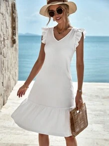 EURMUSE Tie Back Ruffle Hem Dress - White - View 2