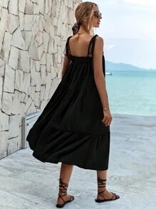 RueChic Tie Shoulder Ruffle Hem Cami Dress - màu đen - Xem 2