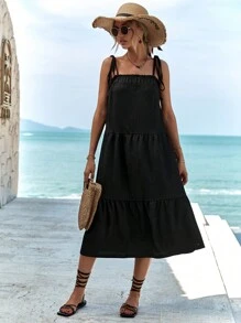 RueChic Tie Shoulder Ruffle Hem Cami Dress - màu đen - Xem 5