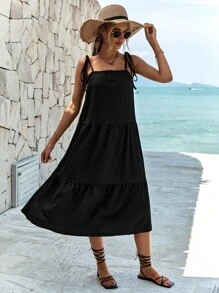 RueChic Tie Shoulder Ruffle Hem Cami Dress - màu đen - Xem 4