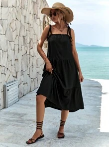 RueChic Tie Shoulder Ruffle Hem Cami Dress - màu đen - Xem 3