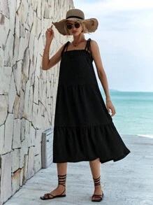 RueChic Tie Shoulder Ruffle Hem Cami Dress - màu đen - Xem 7