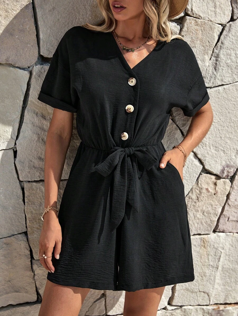RueChic Button Front Tie Front Romper - Black - View 1