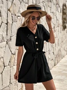 RueChic Button Front Tie Front Romper - Black - View 3