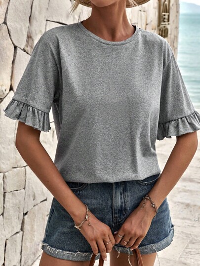 Cottnline Solid Flounce Sleeve Tee For Summer Vacation