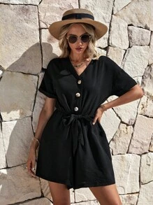 RueChic Button Front Tie Front Romper - Black - View 4