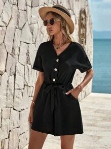 RueChic Button Front Tie Front Romper - Black - View 5