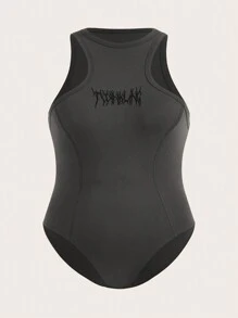 SHEIN ICON Plus Letter Embroidery Tank Bodysuit - Dark Grey - View 1