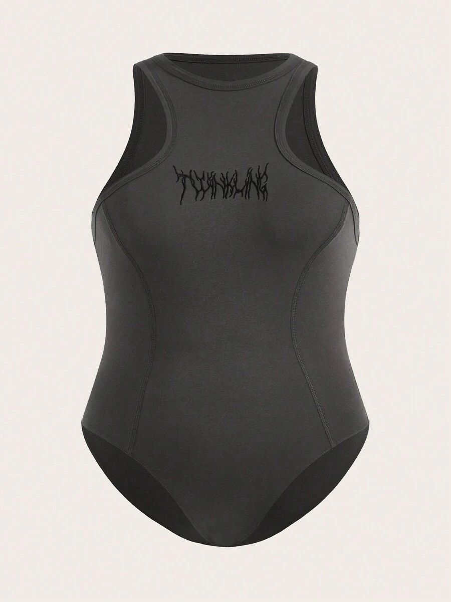 SHEIN ICON Plus Letter Embroidery Tank Bodysuit - Dark Grey - View 1