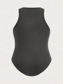 SHEIN ICON Plus Letter Embroidery Tank Bodysuit - Dark Grey - View 2