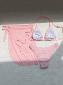 Swim Mod Summer Beach Smocked Triangle Bikini Set With Beach Skirt - Pink - View 2