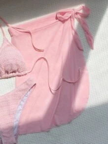 Swim Mod Summer Beach Smocked Triangle Bikini Set With Beach Skirt - Pink - View 4