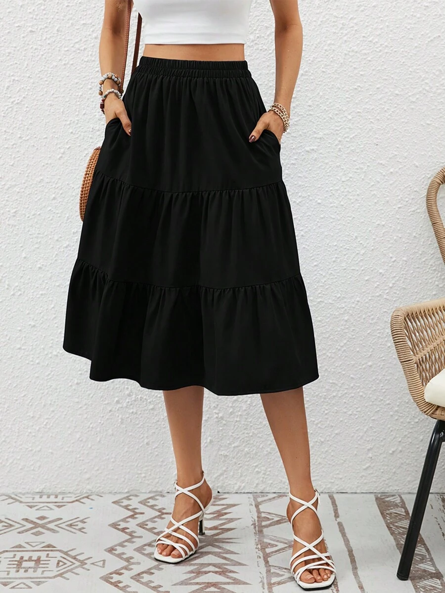 黑色休闲层叠中长裙，女式松紧腰荷叶边下摆，飘逸春夏裙，带口袋，日常穿着飘逸A字裙 - 黑色 - 查看 1