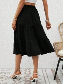 黑色休闲层叠中长裙，女式松紧腰荷叶边下摆，飘逸春夏裙，带口袋，日常穿着飘逸A字裙 - 黑色 - 查看 2