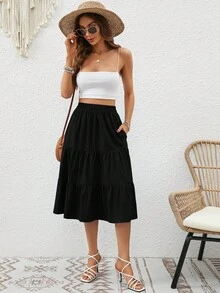 黑色休闲层叠中长裙，女式松紧腰荷叶边下摆，飘逸春夏裙，带口袋，日常穿着飘逸A字裙 - 黑色 - 查看 3