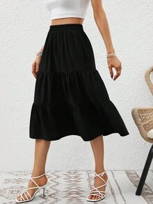黑色休闲层叠中长裙，女式松紧腰荷叶边下摆，飘逸春夏裙，带口袋，日常穿着飘逸A字裙 - 黑色 - 查看 5