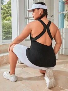 SHEIN Tennis Basic 大碼素色露背運動背心 - 黑色 - 查看 2