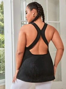 SHEIN Tennis Basic 大碼素色露背運動背心 - 黑色 - 查看 5