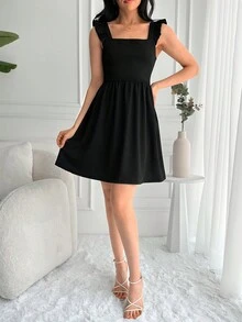 EURMUSE Tie Backless Ruffle Trim Dress - màu đen - Xem 3