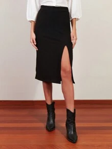 SHE(IN) BRASIL High Waist Split Thigh Skirt - Black - View 1