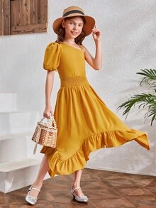 SHEIN Cô gái Tween Cổ không đối xứng Ống tay áo Áo & Xù Hoa Sen Váy - Màu Mù tạt vàng - Xem 5