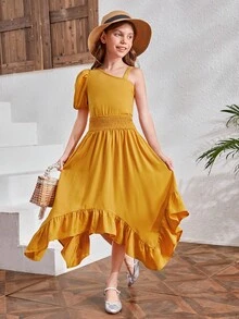 SHEIN Cô gái Tween Cổ không đối xứng Ống tay áo Áo & Xù Hoa Sen Váy - Màu Mù tạt vàng - Xem 3