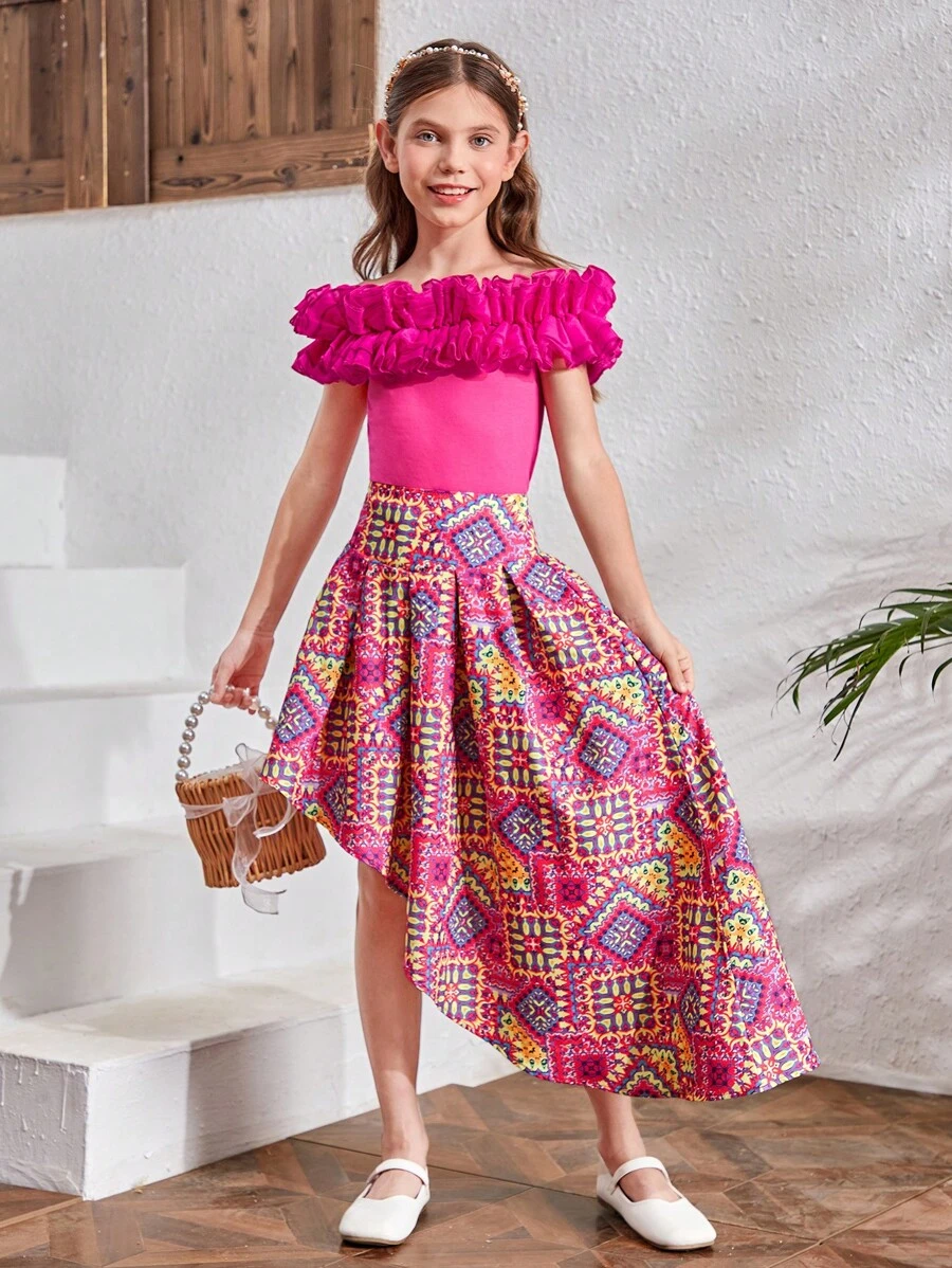 SHEIN Tween Girls' One-Shoulder 3d Ruffle Trim Top & Asymmetrical Hem Skirt Set - Hot Pink - View 1
