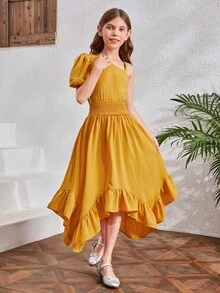 SHEIN Cô gái Tween Cổ không đối xứng Ống tay áo Áo & Xù Hoa Sen Váy - Màu Mù tạt vàng - Xem 4