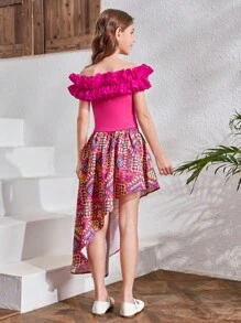SHEIN Tween Girls' One-Shoulder 3d Ruffle Trim Top & Asymmetrical Hem Skirt Set - Hot Pink - View 2