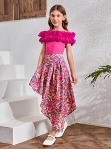SHEIN Tween Girls' One-Shoulder 3d Ruffle Trim Top & Asymmetrical Hem Skirt Set - Hot Pink - View 3