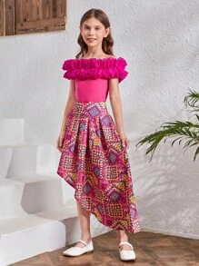 SHEIN Tween Girls' One-Shoulder 3d Ruffle Trim Top & Asymmetrical Hem Skirt Set - Hot Pink - View 4